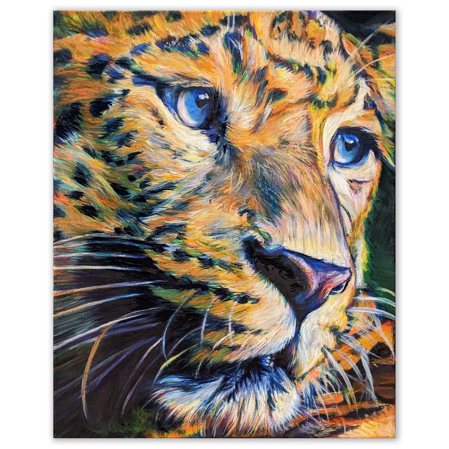 Original oil painting of a leopard’s face with vivid blue eyes by artist Ivy Bath