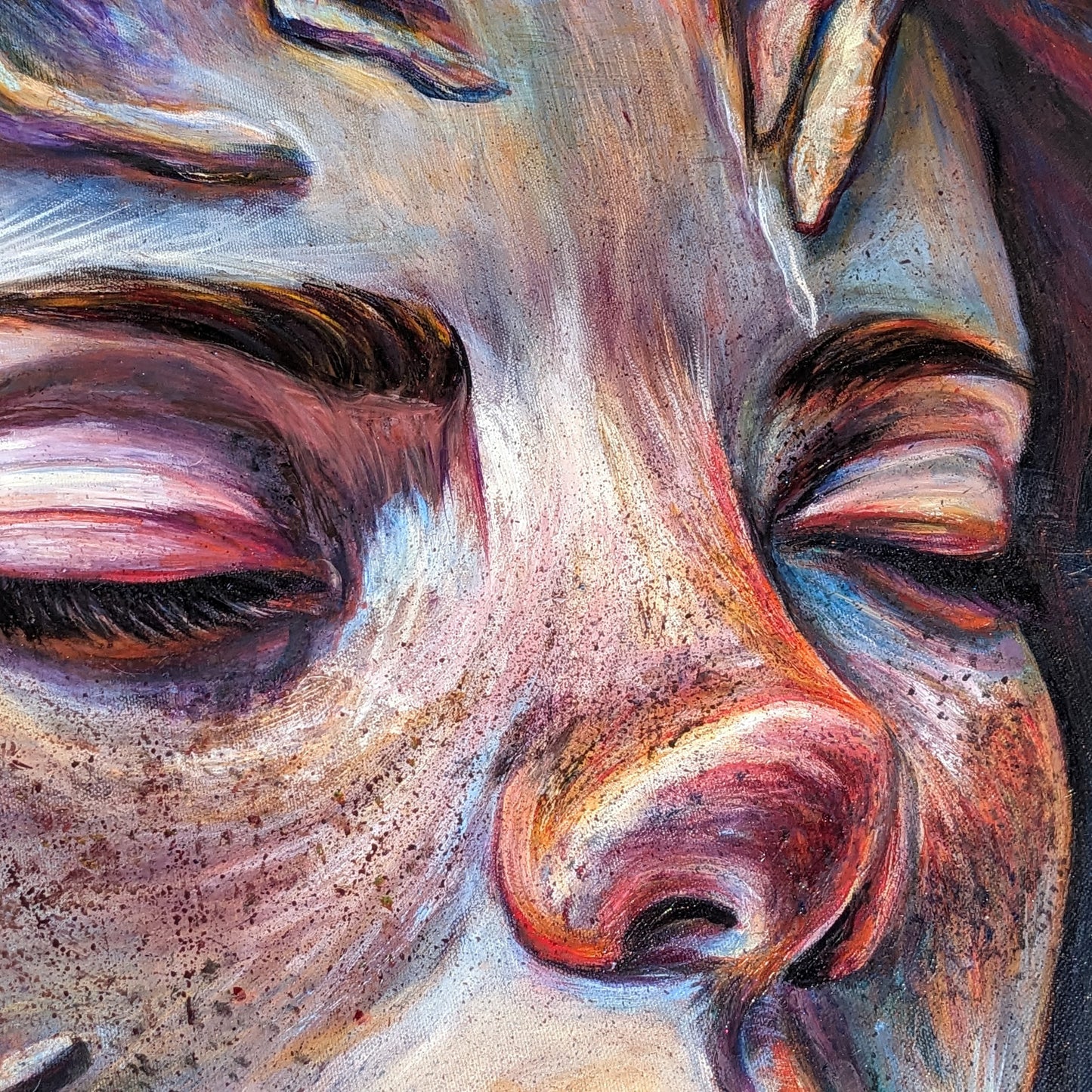 Surreal portrait of a woman with closed eyes, rooted in nature-inspired textures and radiant layers.