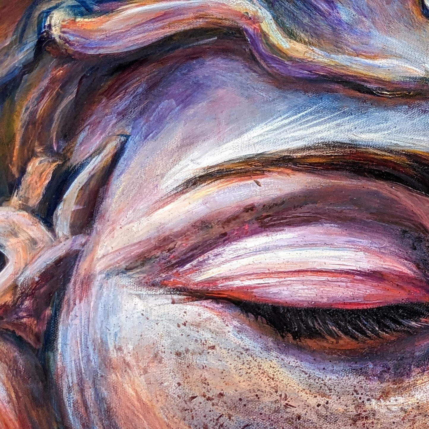 Echoes of the Interface by Ivy Bath – surreal 30x40 oil painting of a woman’s face blending AI and nature.