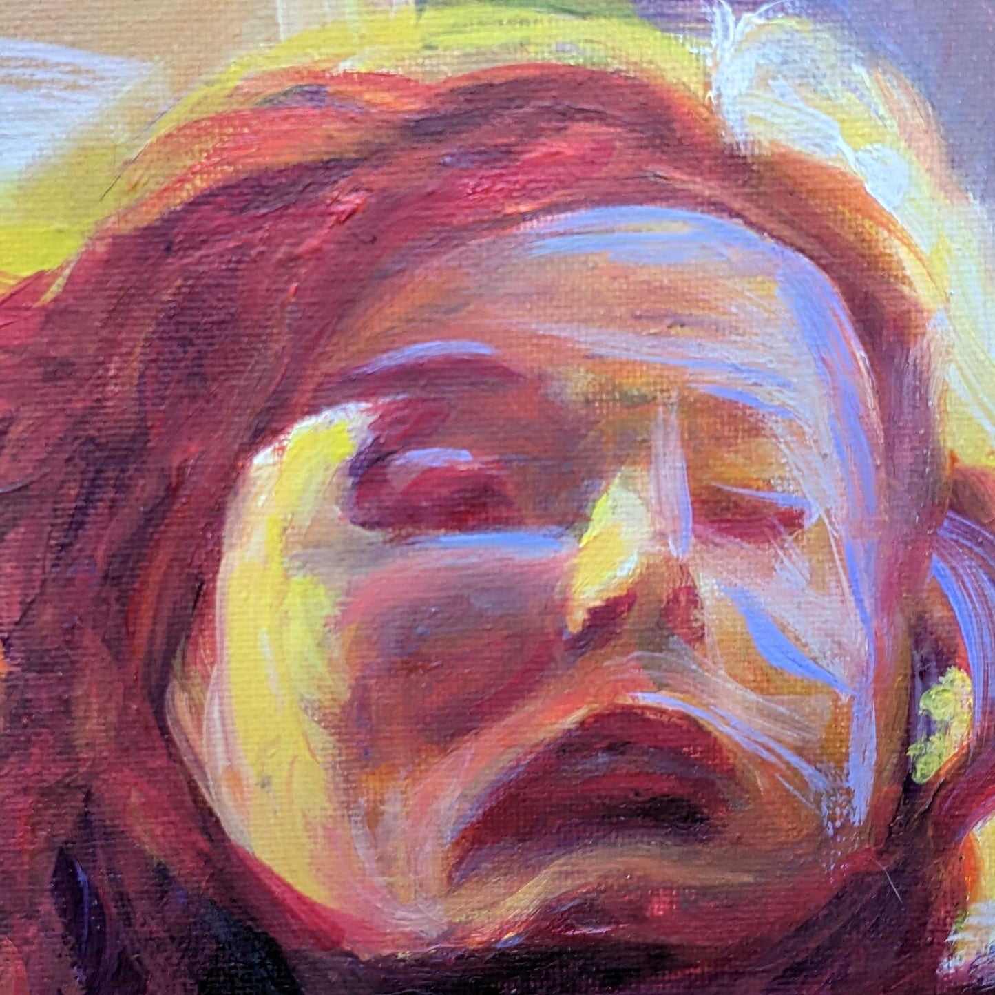 Fiery figurative painting of a woman in transformation, mid-ascent with luminous wings