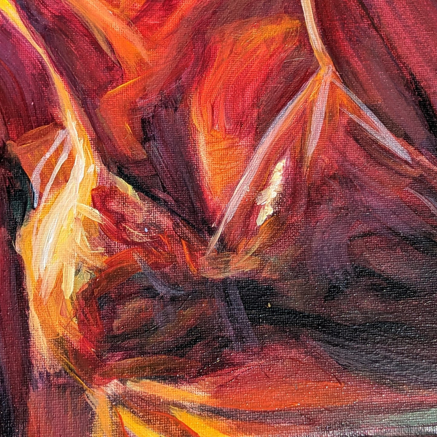 Original oil painting of a woman bathed in warm light, rising with wings of fire and gold