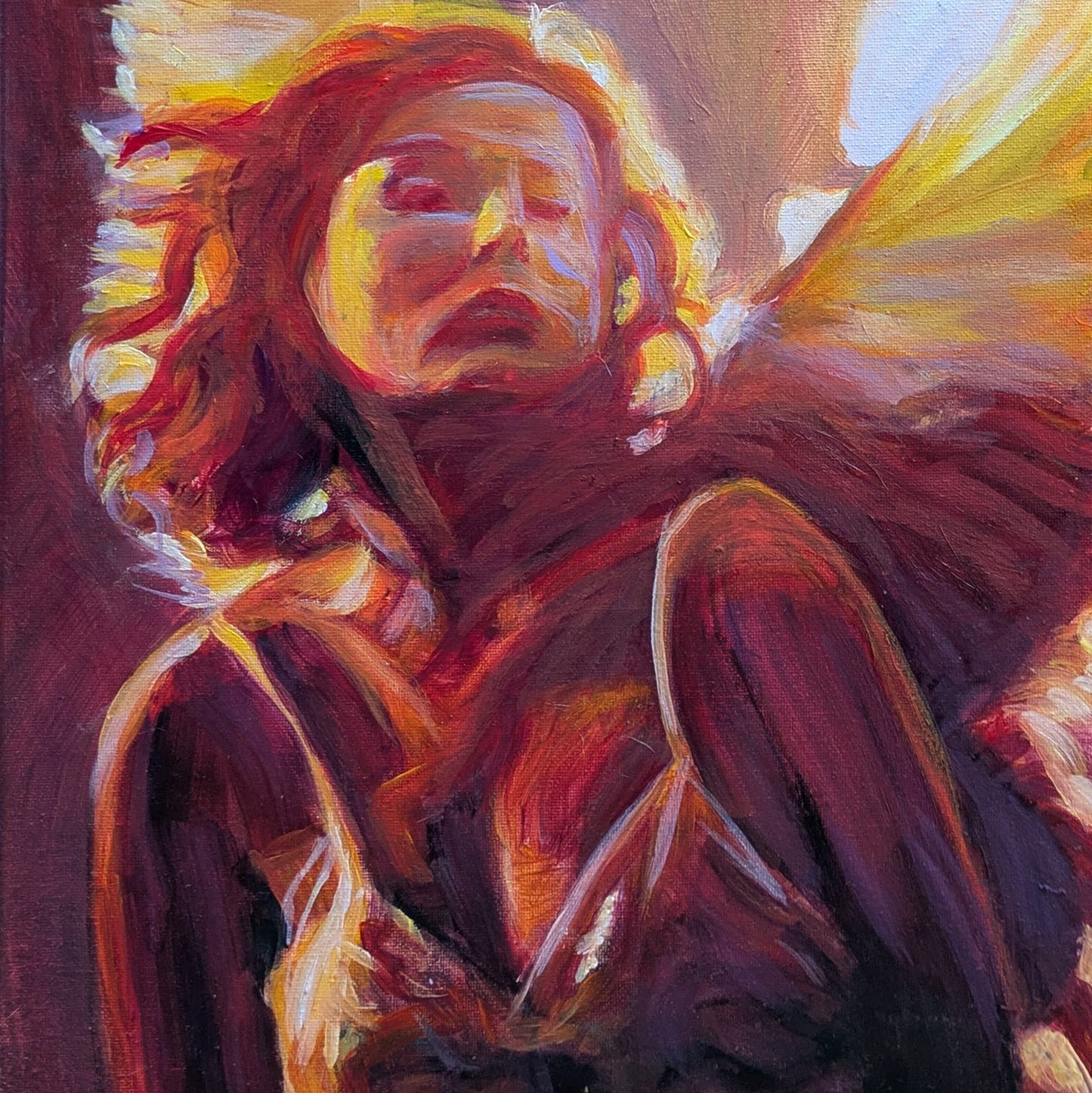 Warm-toned oil artwork depicting a sensual winged figure in motion