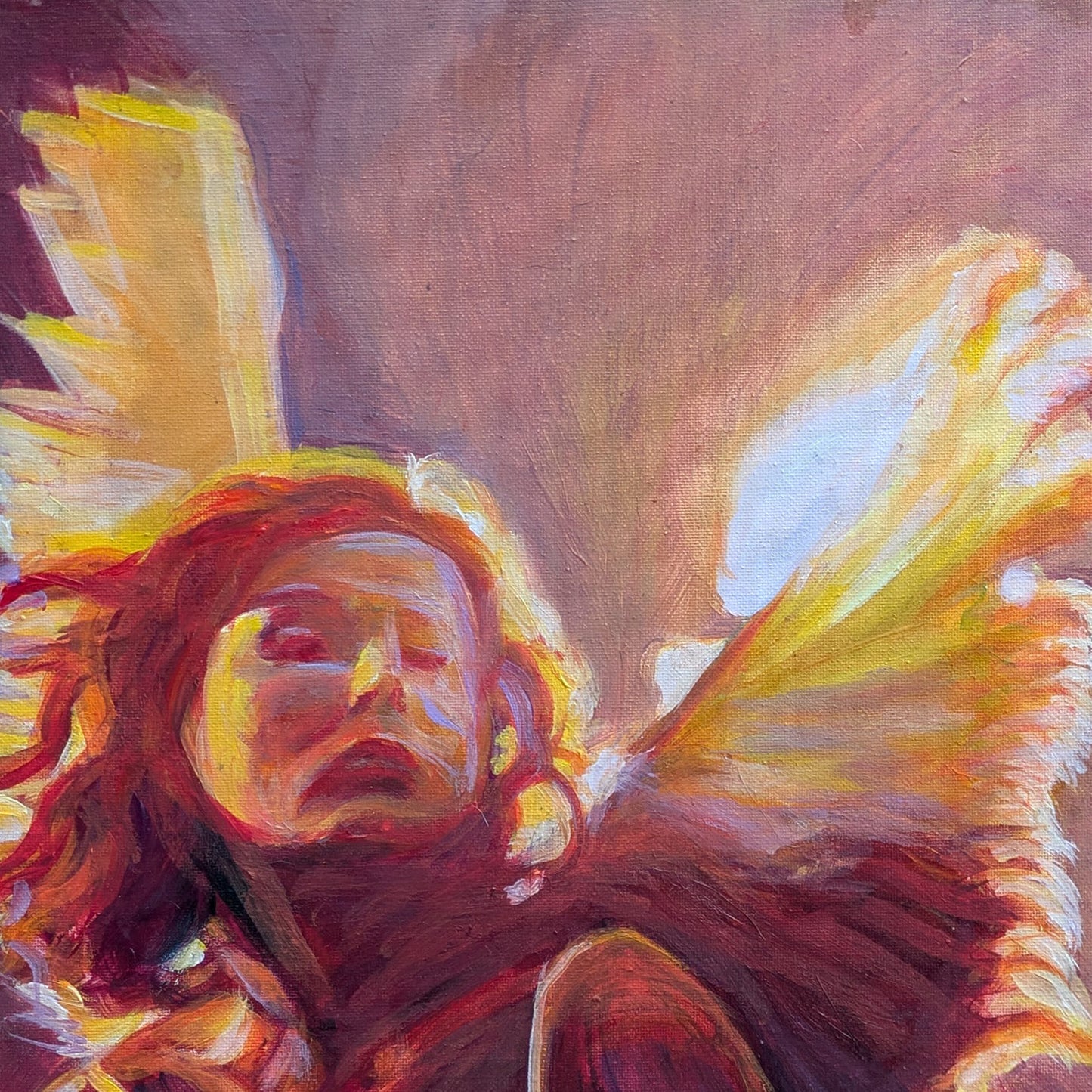 Emotive figurative artwork showing a powerful female figure illuminated in glowing, angelic hues