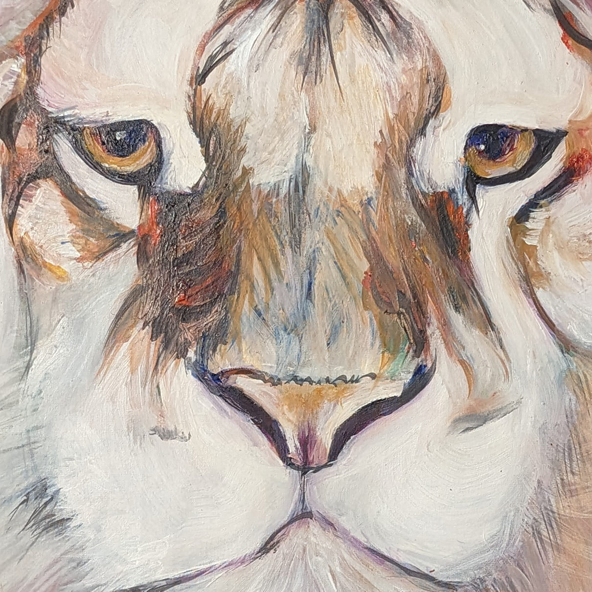 Spiritual white tiger portrait with earthy tones and lavender shadows.