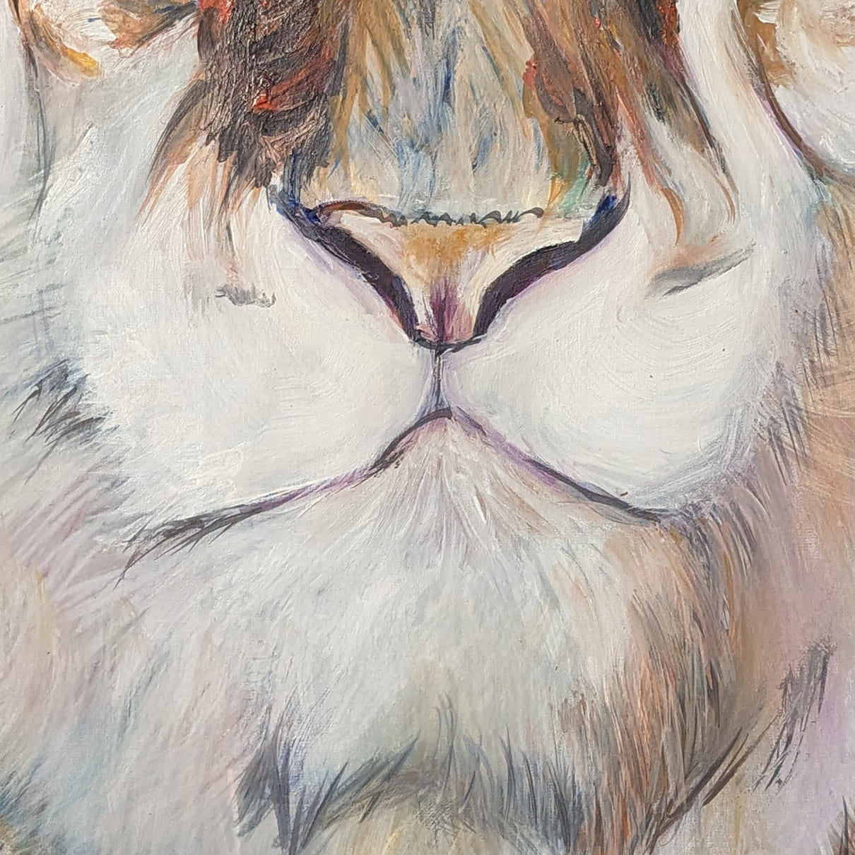 Hand-painted oil artwork of a calm yet fierce tiger on a white canvas.