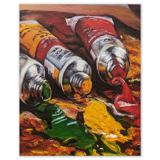 Original oil painting of three paint tubes on a wood panel by Ivy Bath