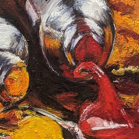 Small trompe l’oeil painting of artist’s tools, oil on wood panel