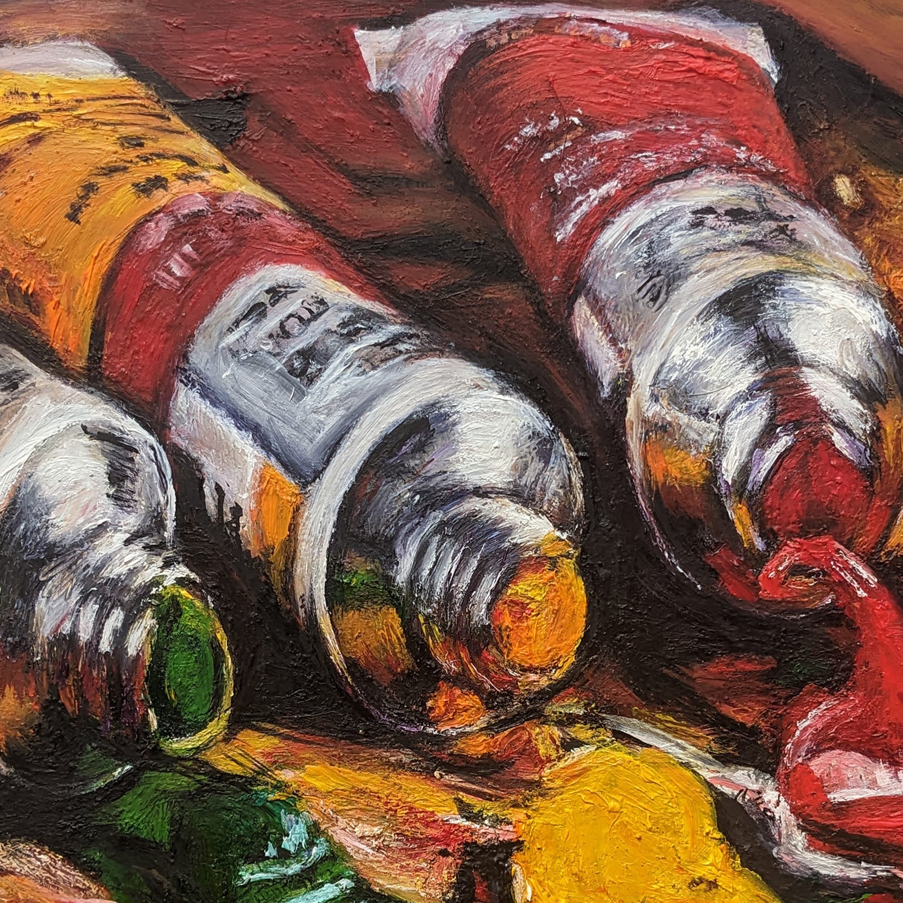 Detailed oil on wood painting of artist tools, trompe l’oeil style