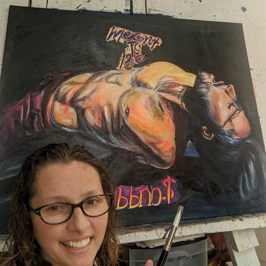 Pulse of Goodbye by Ivy Bath – expressive oil painting inspired by bbno$ song 'Meant to Be', featured in the artist’s TikTok video. The artist is standing next to her work.