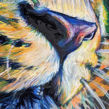 Blue-eyed leopard painting with layered fiery textures in orange and green