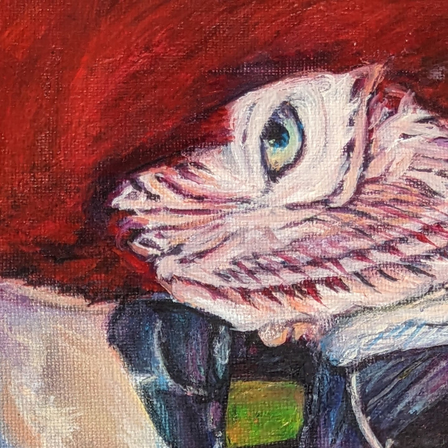 Tropical parrot painting in bold red, green, and blue tones on 16x20 inch canvas