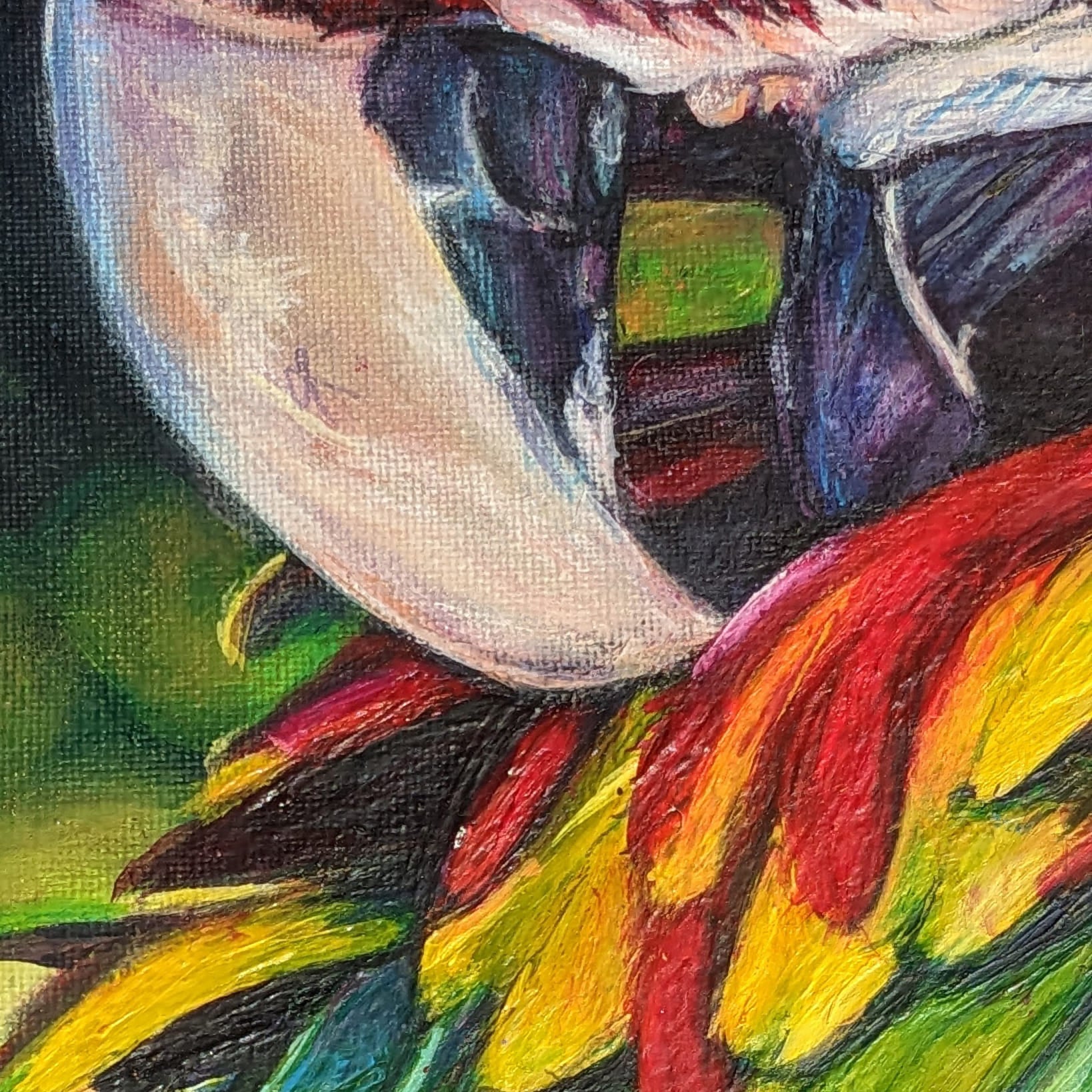 Detailed close-up of a macaw with bright plumage, hand-painted in oil