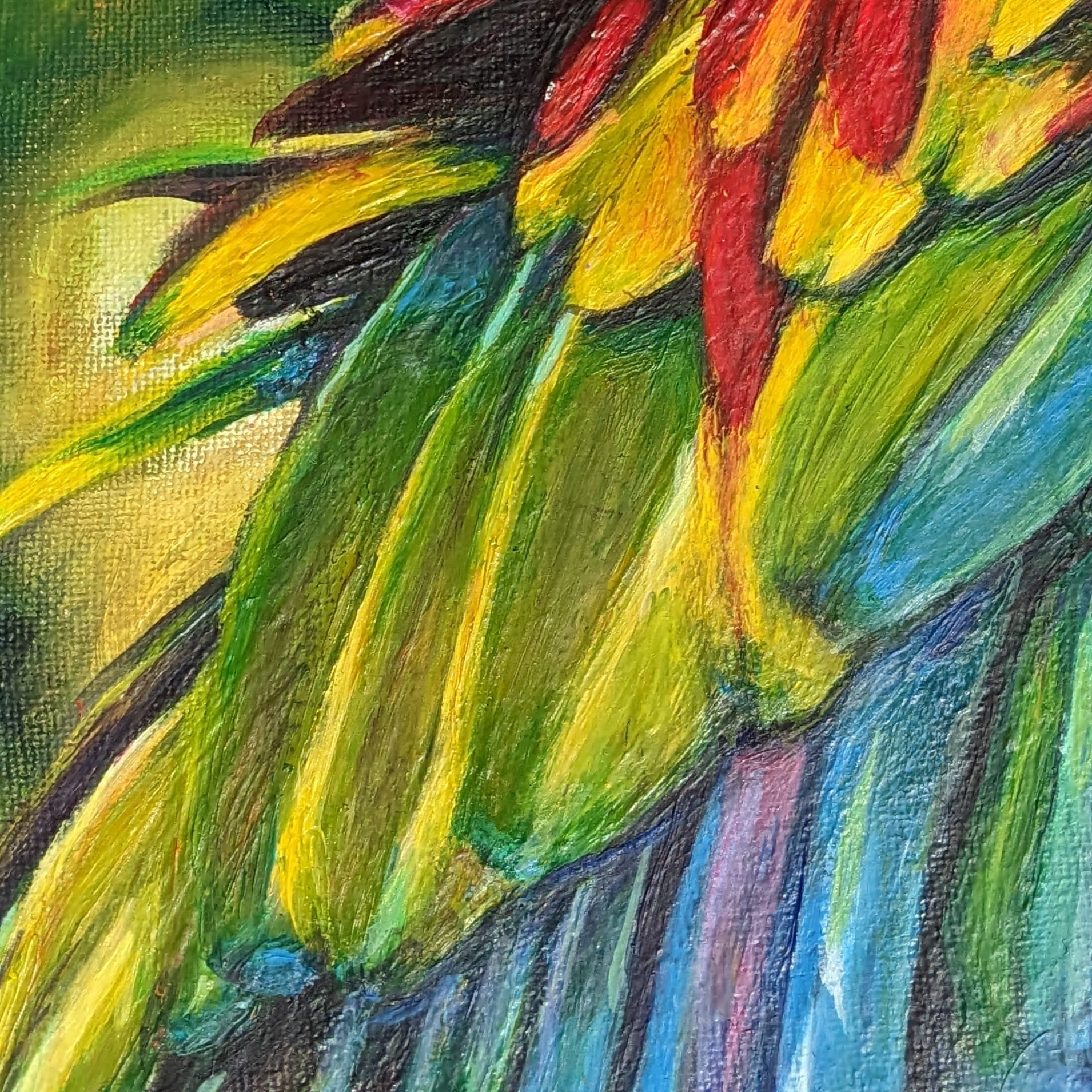 Wildlife art of a vibrant red parrot resting against a soft jungle background