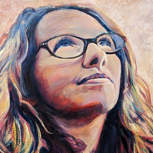Expressive oil painting by Ivy Bath titled "Light Seeker" featuring a luminous self-portrait of a woman gazing upward with radiant, multicolored hair and a dreamy sunset background.