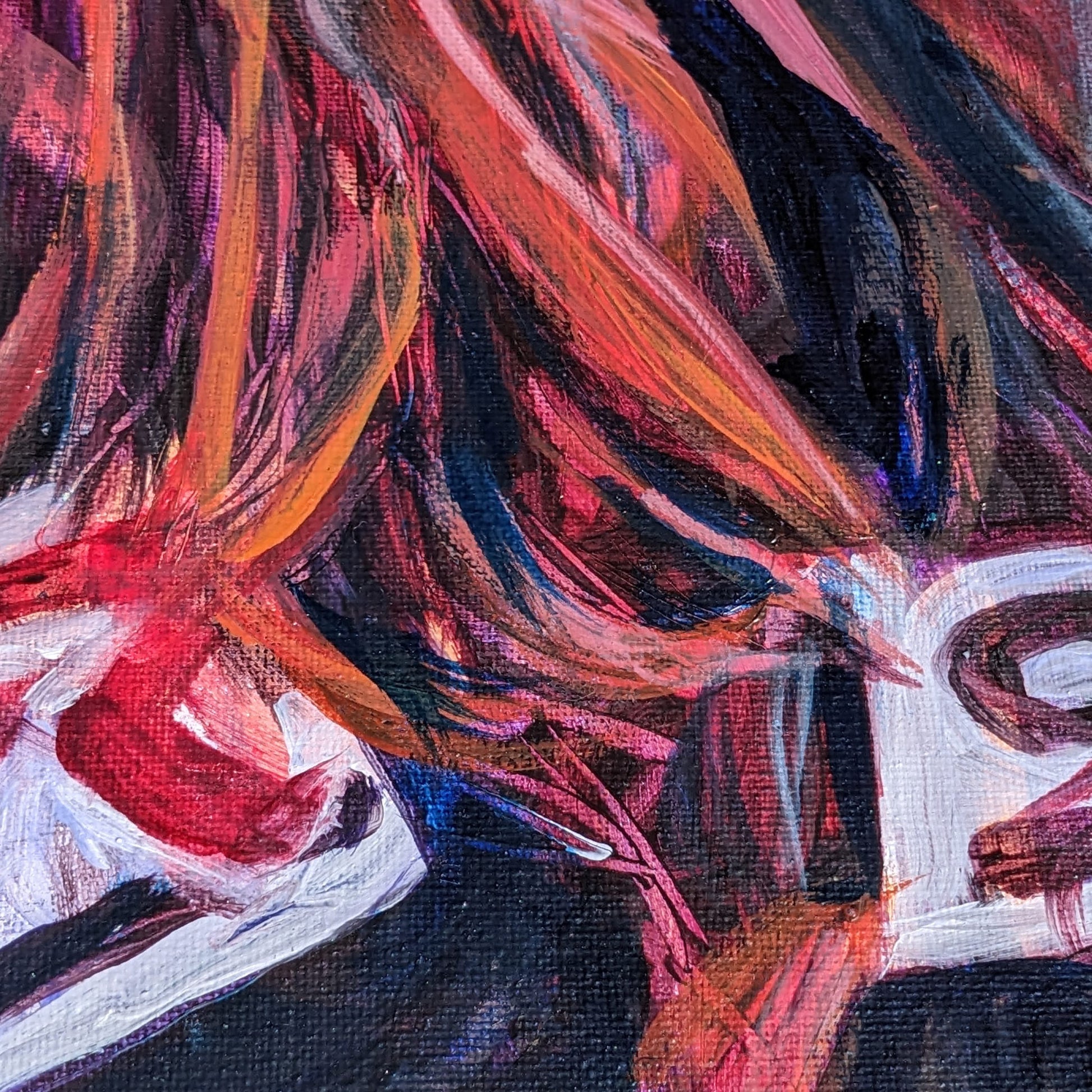 Original oil self-portrait by Ivy Bath showing a woman with glasses looking up at a radiant sky, painted in warm and cool sunset tones with layered brushstrokes and vivid detail.