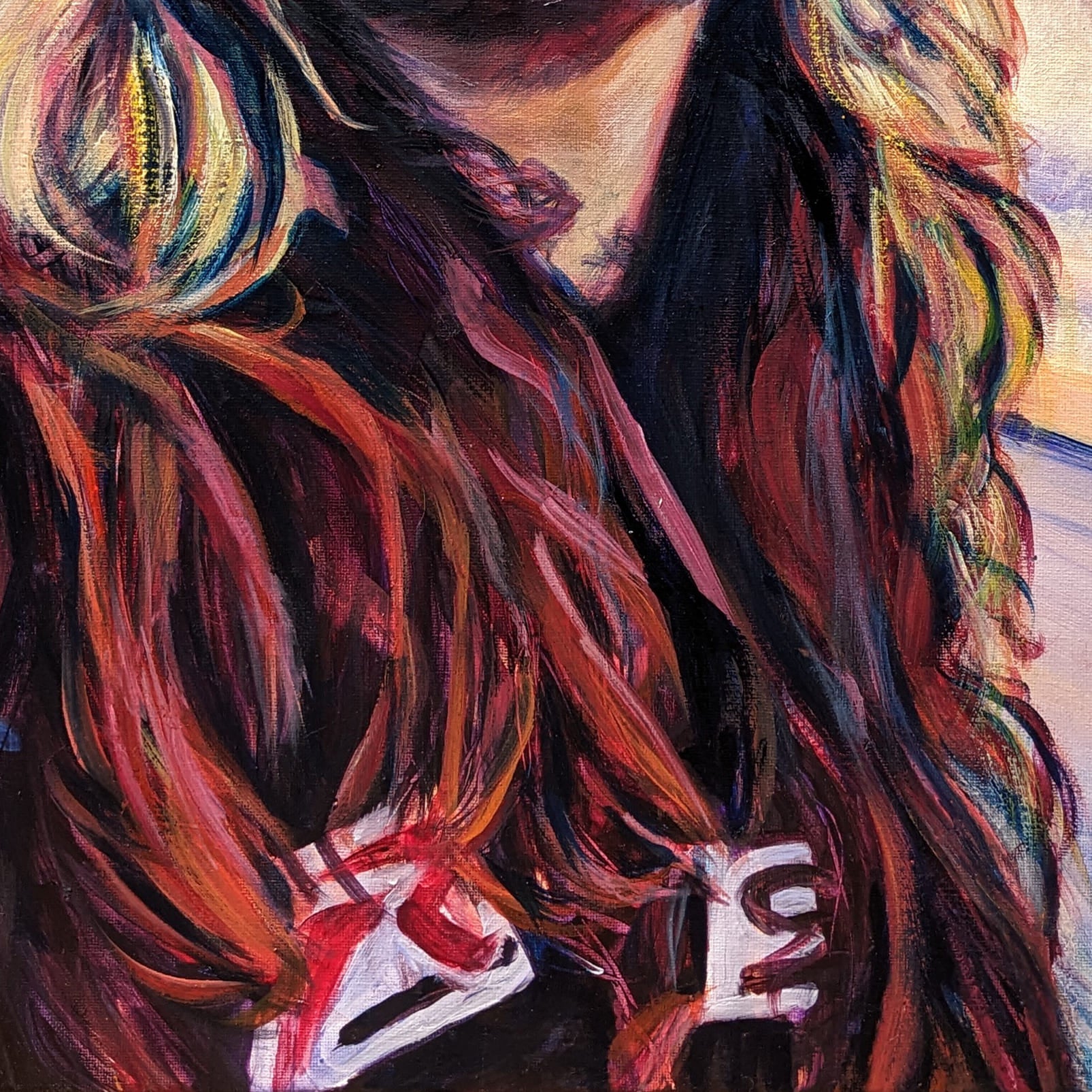 Self-portrait of a woman looking skyward with quiet strength and hope, her hair catching light in fiery tones against a pastel sky.
