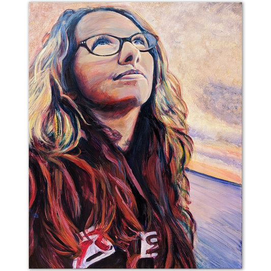 A painting of a woman with glasses looking upward toward a glowing sky, her long hair painted in vibrant reds, yellows, and blues. The style is expressive and detailed, with the light casting a warm glow across her face.