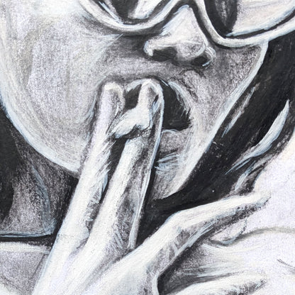 Original graphite portrait of rebellious woman with relaxed pose