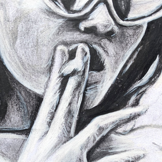 Original graphite portrait of rebellious woman with relaxed pose