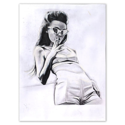 Pencil drawing of confident woman in sunglasses, 70s inspired art by Ivy Bath