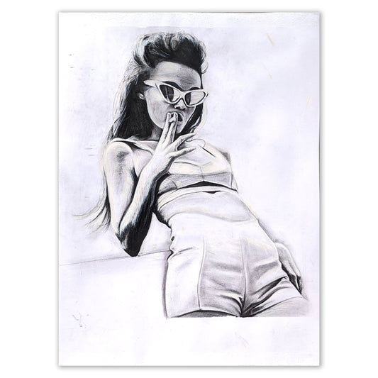 Pencil drawing of confident woman in sunglasses, 70s inspired art by Ivy Bath
