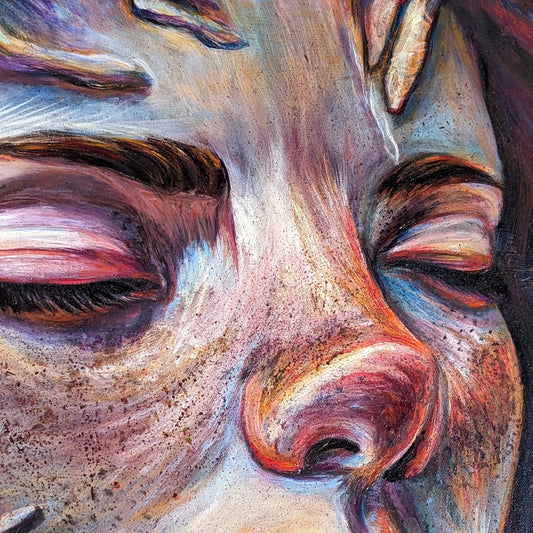 Surreal portrait of a woman with closed eyes, rooted in nature-inspired textures and radiant layers.