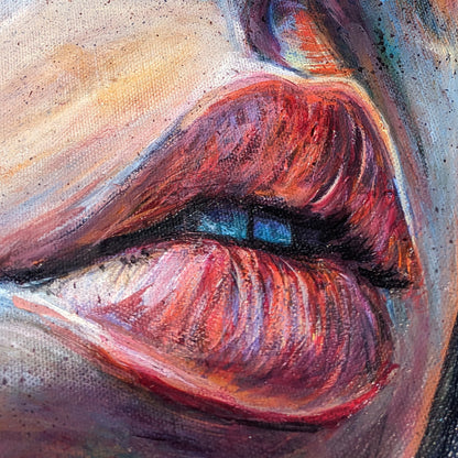 Original oil painting of AI-inspired female face fused with nature textures, by artist Ivy Bath.