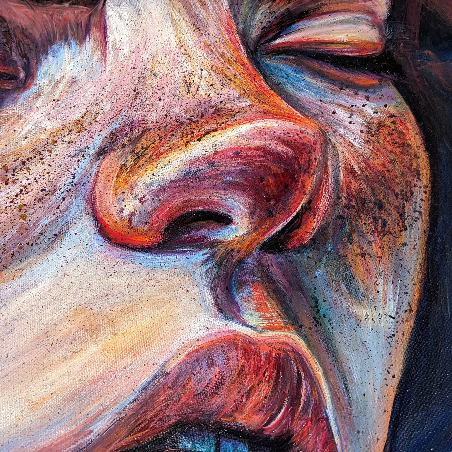 Multi-layered oil painting with radiant and sculpted textures highlighting a serene female face.