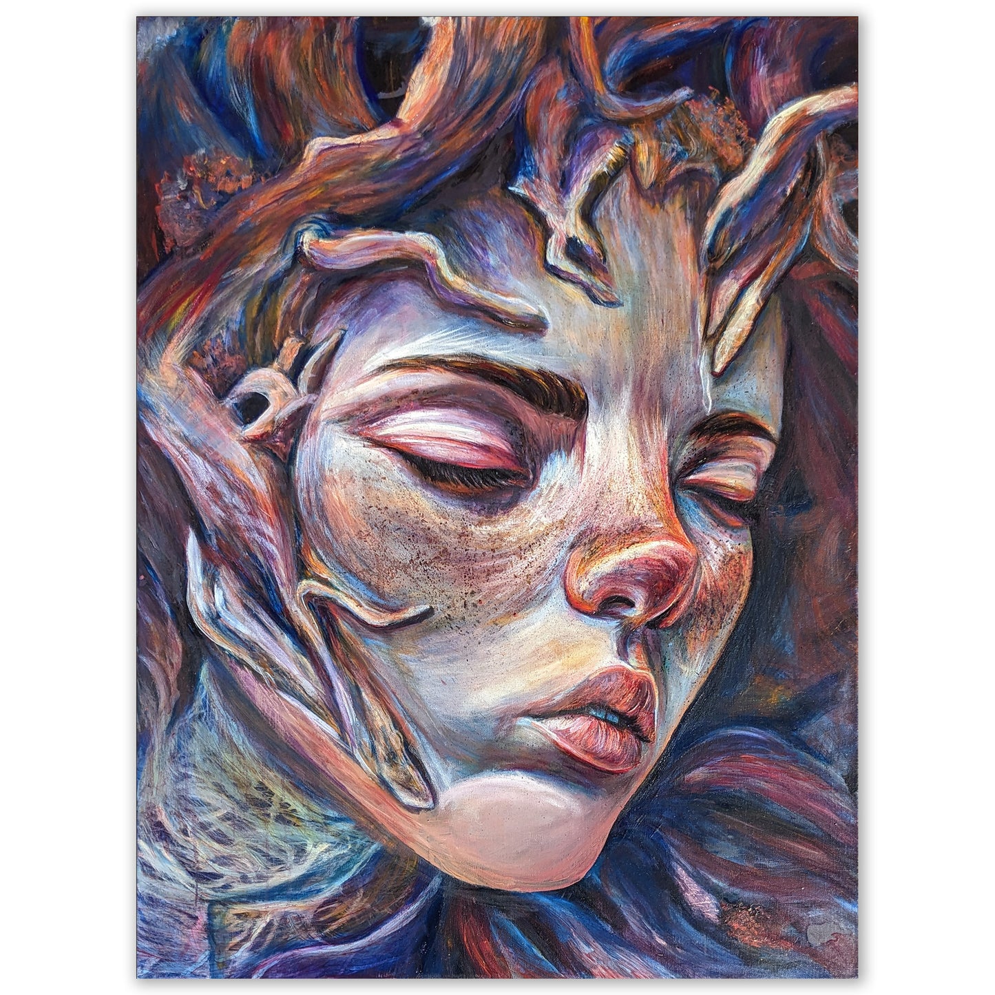 Oil painting of a woman’s face emerging from organic textures with violet and earthy tones.