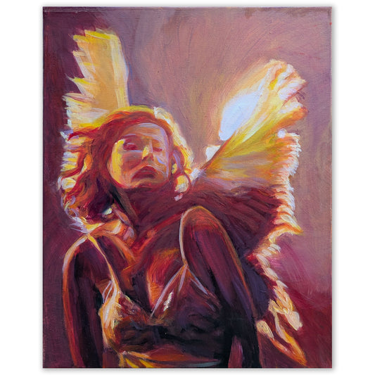Oil painting of a glowing angelic woman with radiant wings, by Ivy Bath