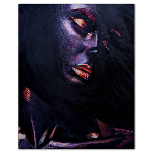 Emotional oil painting of a woman’s face emerging from a black canvas with ember-colored highlights.