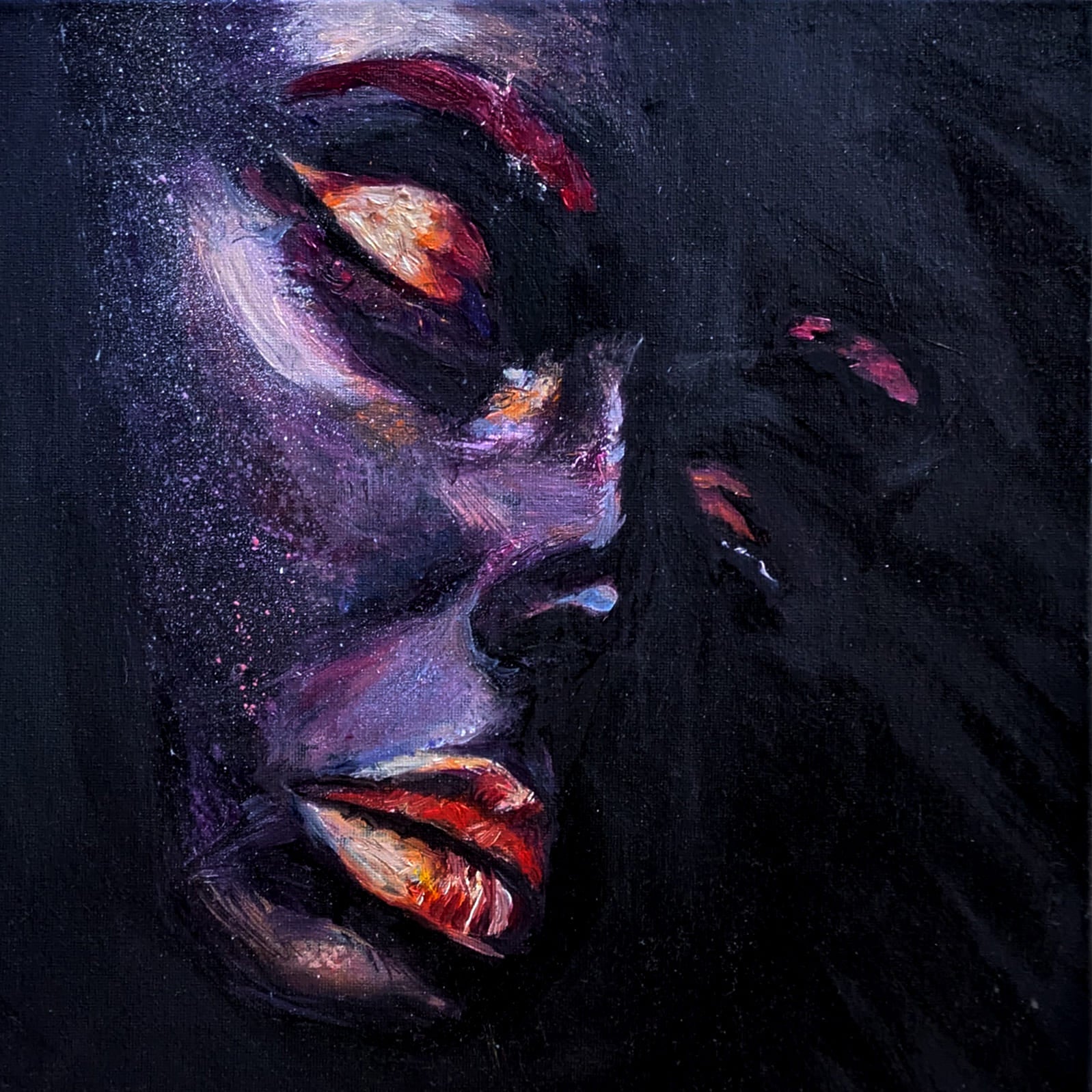 Surreal oil painting featuring a glowing woman’s face in cosmic purple and fiery orange tones.