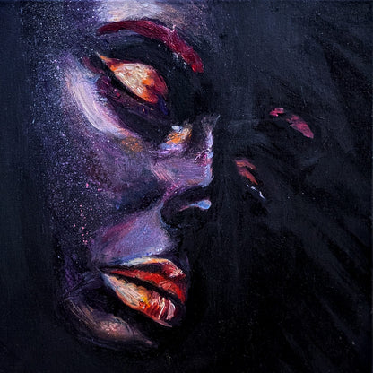 Surreal oil painting featuring a glowing woman’s face in cosmic purple and fiery orange tones.