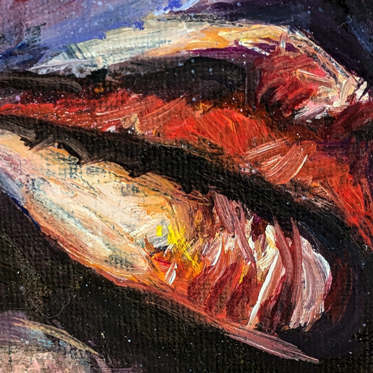 Close-up portrait of a feminine figure in dark violet and red hues, eyes closed in reflection.
