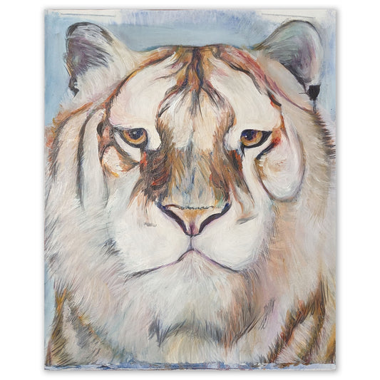 Close-up painting of a white tiger with intense gaze and textured fur in oil.
