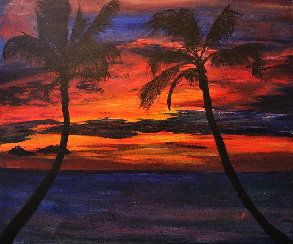 palm tree ocean sunset painting