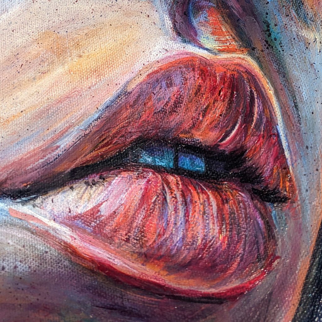 An enlarged photograph of the painting's lips, revealing canvas texture and layers of oil color