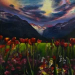Awakening the Valley by Ivy Bath, a moonlit mountain valley filled with red flowers
