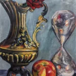 Echoes of Time by Ivy Bath, an oil still life with a red rose, apple, antique vase, and hourglass