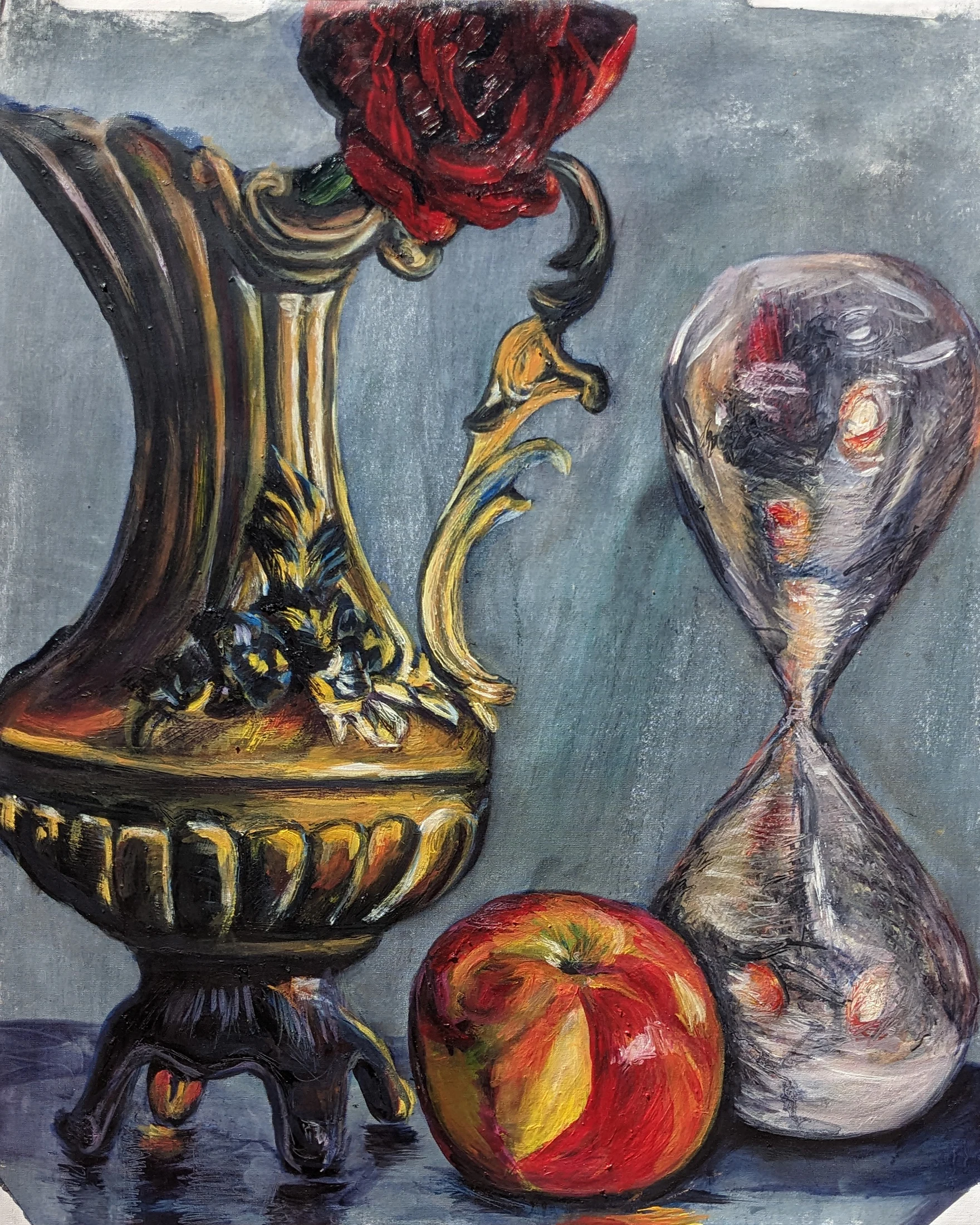 Echoes of Time by Ivy Bath, an oil still life with a red rose, apple, antique vase, and hourglass