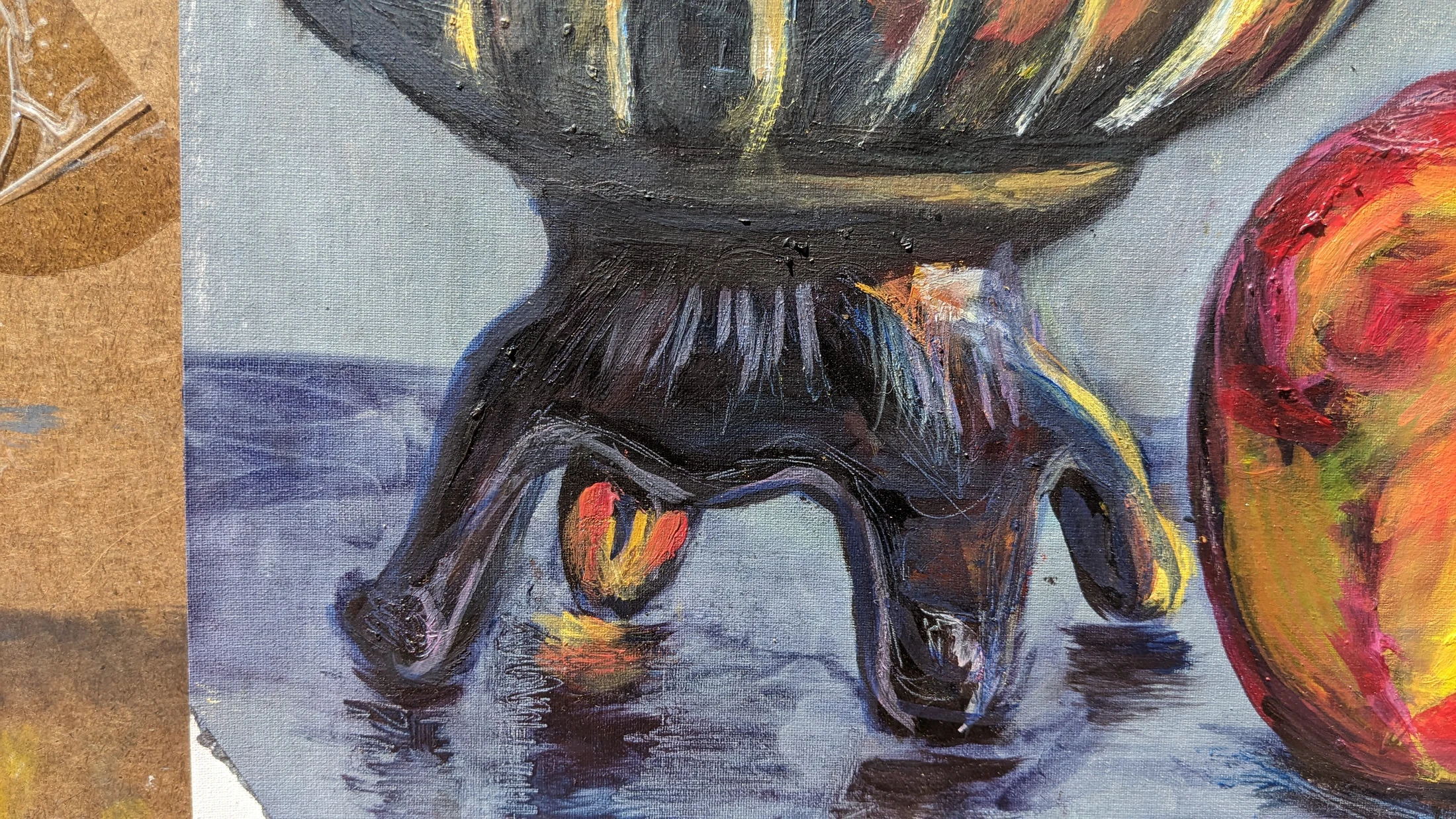 Close detail of reflected forms and the base of the still life in Echoes of Time