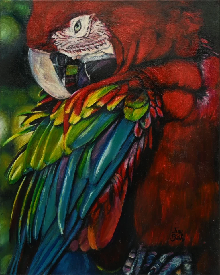 Feathered Prism by Ivy Bath, a full colorful parrot portrait