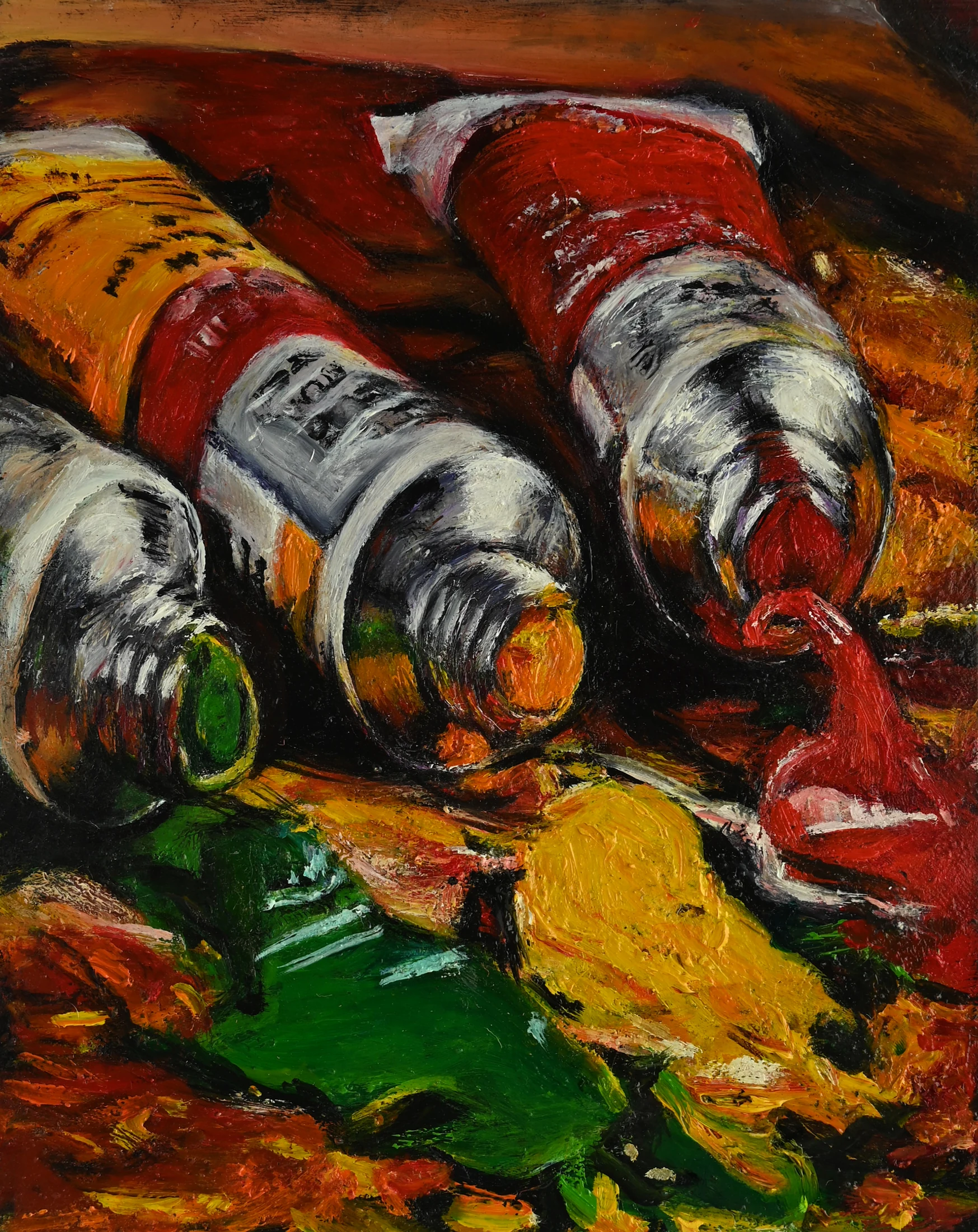 Close detail of paint tubes and layered color in In the Thick of It