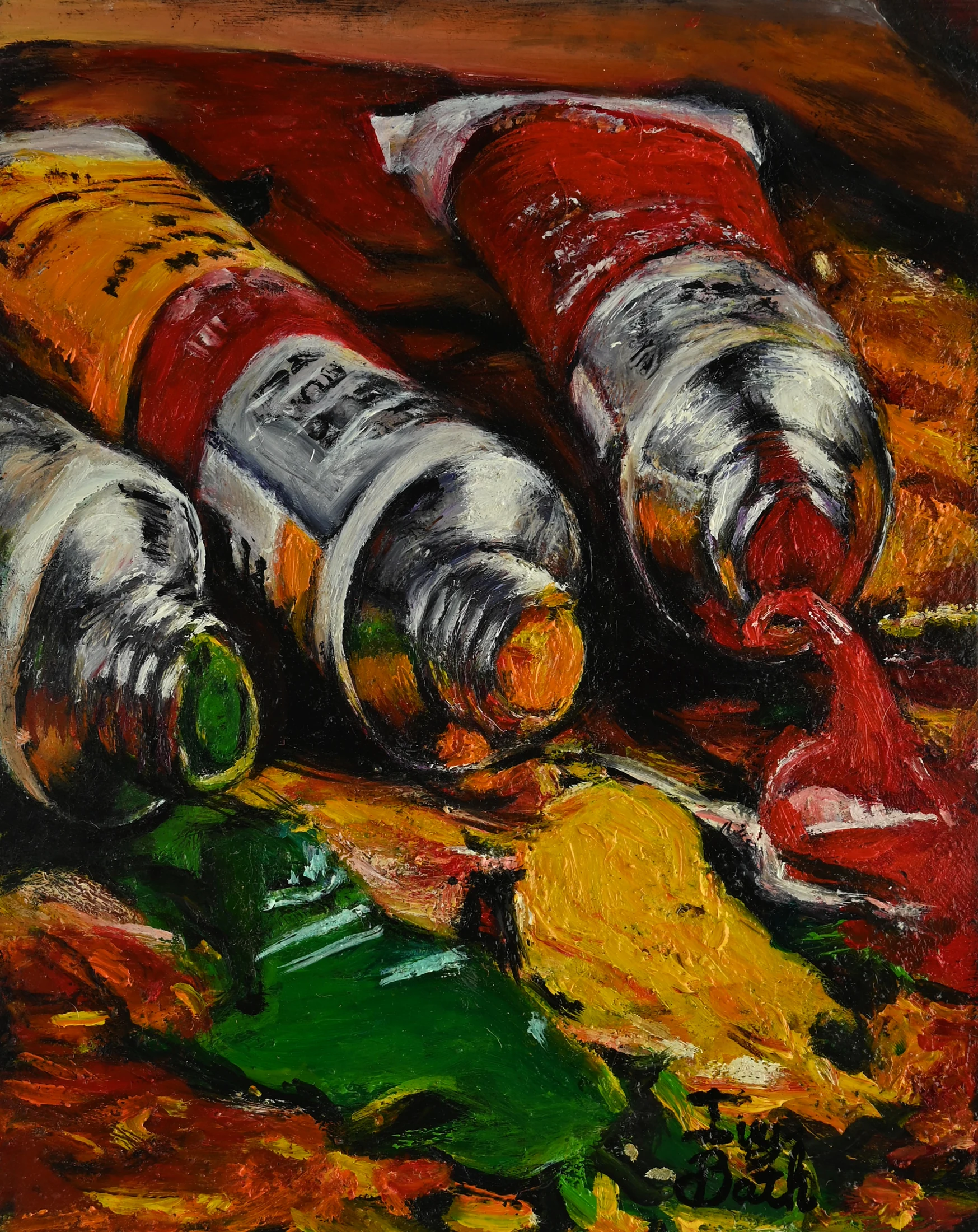 In the Thick of It by Ivy Bath, an expressive painting of colorful paint tubes