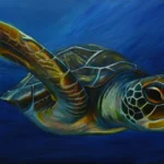 Levi's Sea Turtle by Ivy Bath, an original acrylic painting of a sea turtle swimming through deep blue water