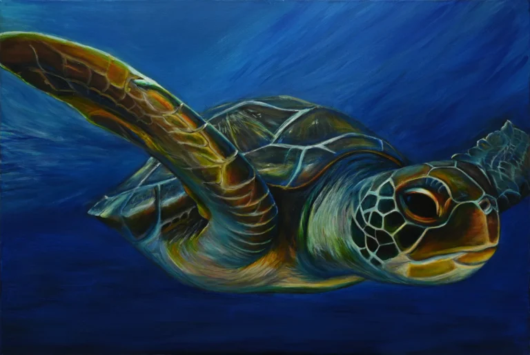 Levi's Sea Turtle by Ivy Bath, an original acrylic painting of a sea turtle swimming through deep blue water