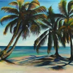 Palm Tree Ocean Sunset by Ivy Bath, an original tropical beach painting with palm trees and turquoise water