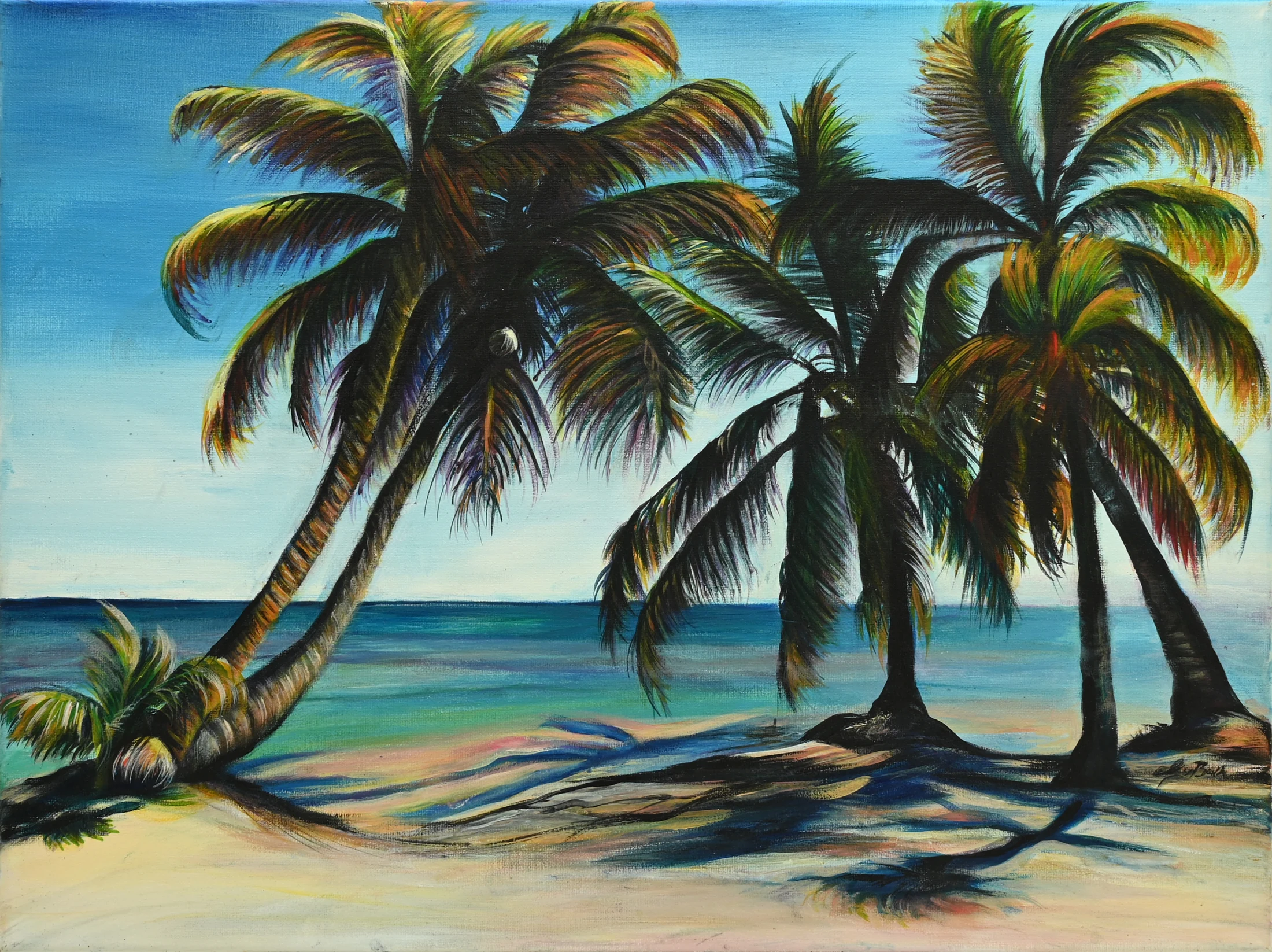 Palm Tree Ocean Sunset by Ivy Bath, an original tropical beach painting with palm trees and turquoise water