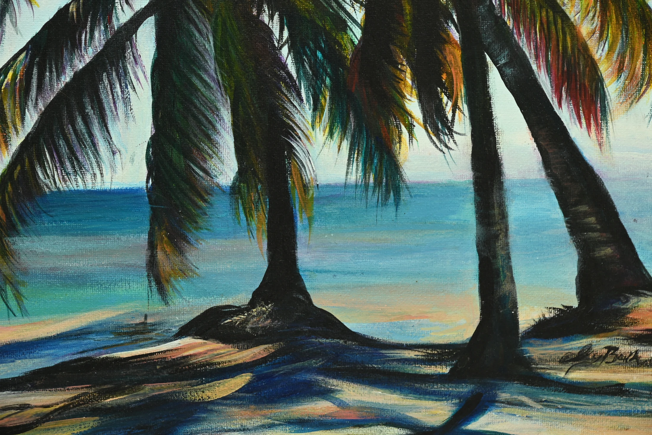 Close detail of palm shadows across the tropical shoreline