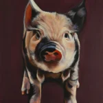 Poised in Pigment by Ivy Bath, an original acrylic portrait of a curious pig against a deep plum background